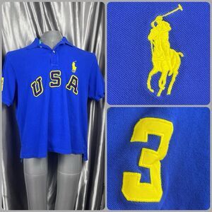 VTG Polo Ralph Lauren Men’s 2XB Blue Spellout‎ Big Pony #3 Short Sleeve 90s USA